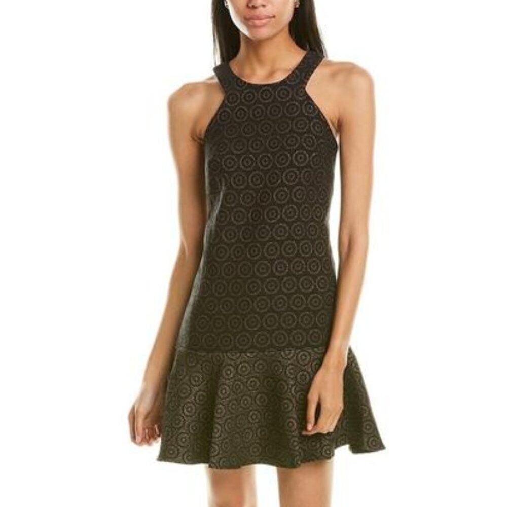 Trina Turk Black & Gold Patterned Flounce Hem Cocktail Dress